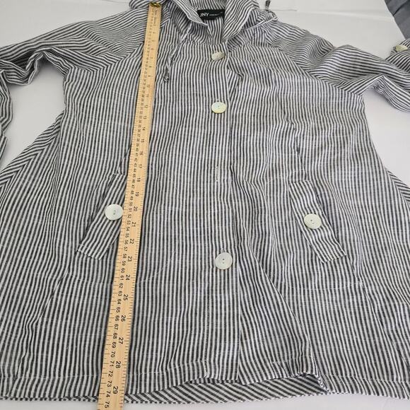 JNY Linen Blend Hooded Tunic Jacket Sz L Black White Striped Coastal Oversized - Picture 7 of 9
